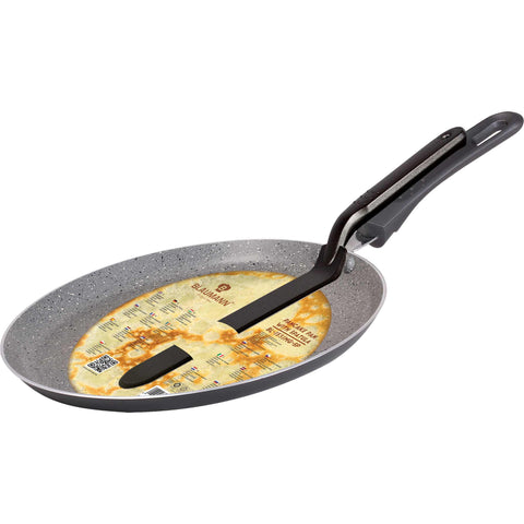 Product image of Pancake pan with turner 24cm. Part of the Blaumann/Pancake pan . Features: • Material: pressed aluminum with marble coating • Size: Ø24 cm • FREE NYLON TURNER • Color: matt black. (Giftbox view). Official Berlinger Haus product, boosted by Promintra sl.
