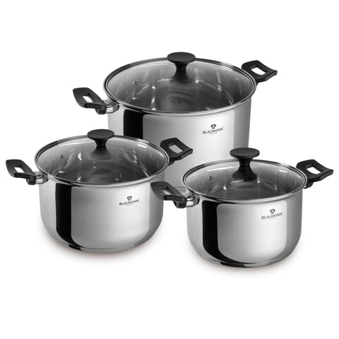 Product image of 6pcs cookware set. Part of the Blaumann/Gourmet Line . Features: • Material: stainless steel • Include: • Casserole with lid Ø16*9,5 cm 1,9 L • Casserole with lid Ø18*10,5 cm 2,6 L • Casserole with lid Ø20*11,5 c.... (Studio view). Official Berlinger Haus product, boosted by Promintra sl.