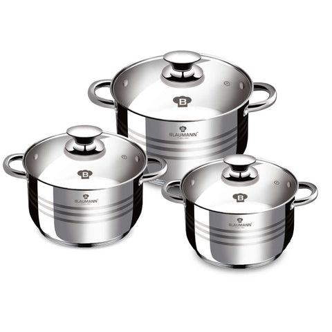 Product image of 6pcs cookware set. Part of the Blaumann/Gourmet Line . Features: • Material: stainless steel • Include: • Casserole with lid Ø16*9,5 cm 1,9 L • Casserole with lid Ø18*10,5 cm 2,6 L • Casserole with lid Ø20*11,5 c.... (Studio view). Official Berlinger Haus product, boosted by Promintra sl.