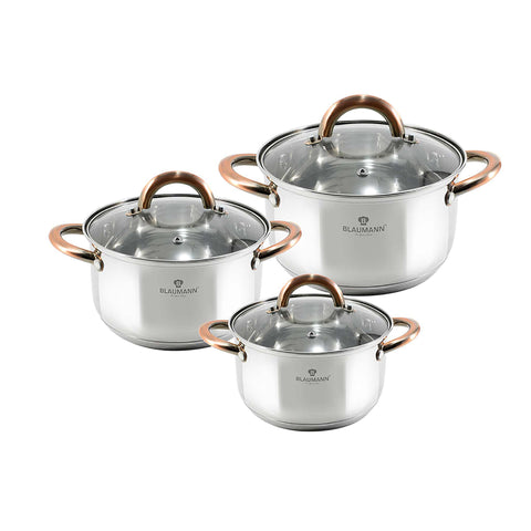 Product image of 6pcs cookware set. Part of the Blaumann/Gourmet Line . Features: • Material: stainless steel • Include: • Casserole with lid Ø16*9,5 cm 1,9 L • Casserole with lid Ø18*10,5 cm 2,6 L • Casserole with lid Ø20*11,5 c.... (Studio view). Official Berlinger Haus product, boosted by Promintra sl.