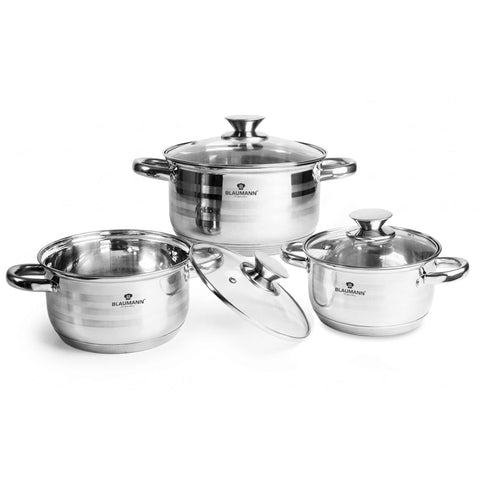 Product image of 6pcs cookware set. Part of the Blaumann/Gourmet Line . Features: • Material: stainless steel • Include: • Casserole with lid Ø16*9,5 cm 1,9 L • Casserole with lid Ø18*10,5 cm 2,6 L • Casserole with lid Ø20*11,5 c.... (Studio view). Official Berlinger Haus product, boosted by Promintra sl.