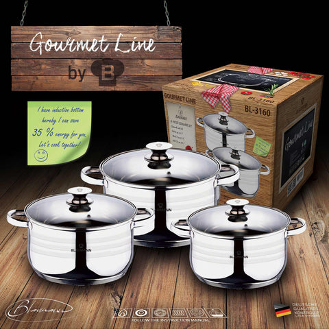 Product image of 6pcs cookware set. Part of the Blaumann/Gourmet Line . Features: • Material: stainless steel • Include: • Casserole with lid Ø16*9,5 cm 1,9 L • Casserole with lid Ø18*10,5 cm 2,6 L • Casserole with lid Ø20*11,5 c.... (Studio view). Official Berlinger Haus product, boosted by Promintra sl.