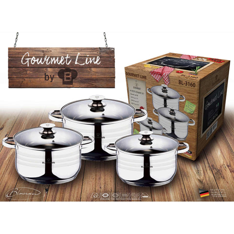 Product image of 6pcs cookware set. Part of the Blaumann/Gourmet Line . Features: • Material: stainless steel • Include: • Casserole with lid Ø16*9,5 cm 1,9 L • Casserole with lid Ø18*10,5 cm 2,6 L • Casserole with lid Ø20*11,5 c.... (Studio view). Official Berlinger Haus product, boosted by Promintra sl.