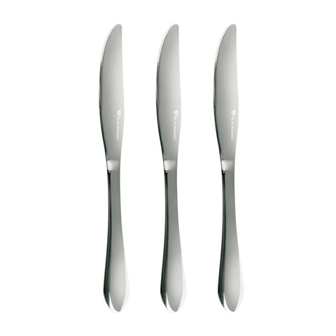 Product image of 3pcs knife set mirror. Part of the Blaumann/ Cutlery sets . Features: • Material: stainless steel, MIRROR finish • Include: •3 pcs knife set. (Studio view). Official Berlinger Haus product, boosted by Promintra sl.