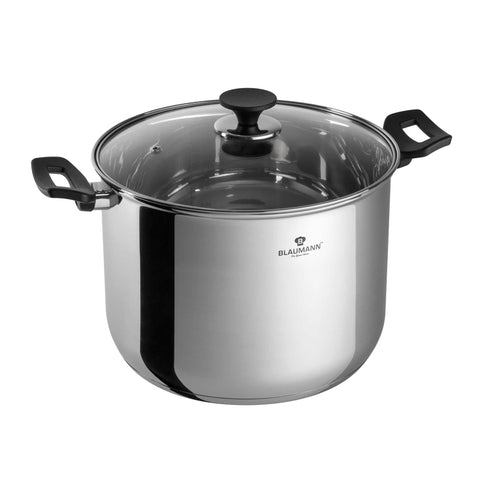 Product image of Stock pot with lid 26cm. Part of the Blaumann/Gourmet Line . Features: • Stock pot with glass lid, pp knob and handles • Material: stainless steel • Size: 26*19 cm • Volume: 9,5 l. (Studio view). Official Berlinger Haus product, boosted by Promintra sl.