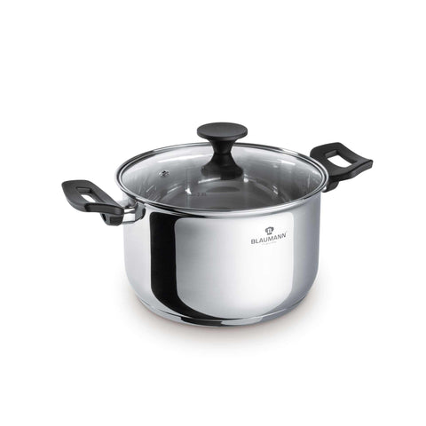 Product image of Casserole with lid 16cm. Part of the Blaumann/Gourmet Line . Features: • Casserole with glass lid, pp knob and handles • Material: stainless steel • Size: Ø16*10 cm • Volume: 1,8 l. (Studio view). Official Berlinger Haus product, boosted by Promintra sl.