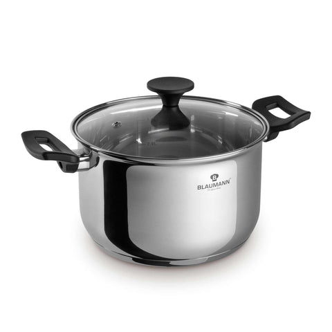 Product image of Casserole with lid 20cm. Part of the Blaumann/Gourmet Line . Features: • Casserole with glass lid, pp knob and handles • Material: stainless steel • Size: Ø20*12 cm • Volume: 3,8 l. (Studio view). Official Berlinger Haus product, boosted by Promintra sl.