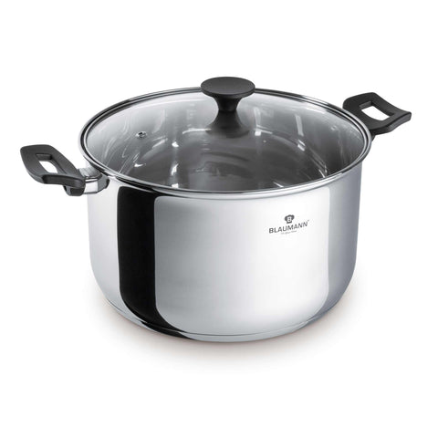 Product image of Casserole with lid 26cm. Part of the Blaumann/Gourmet Line . Features: • Casserole with glass lid, pp knob and handles • Material: stainless steel • Size: Ø26*15,5 cm • Volume: 7,6 l. (Studio view). Official Berlinger Haus product, boosted by Promintra sl.