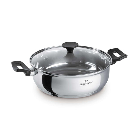 Product image of Shallow pot with lid 24cm. Part of the Blaumann/Gourmet Line . Features: • Shallow pot with glass lid, pp knob and handles • Material: stainless steel • Size: Ø24*8 cm • Volume: 3,2 l. (Studio view). Official Berlinger Haus product, boosted by Promintra sl.