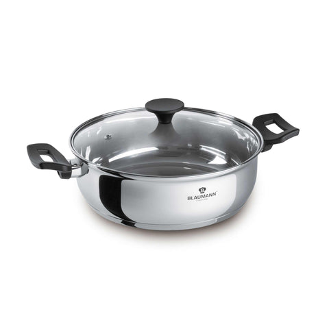 Product image of Shallow pot with lid 28cm. Part of the Blaumann/Gourmet Line . Features: • Shallow pot with glass lid, pp knob and handles • Material: stainless steel • Size: Ø28*9,5 cm • Volume: 5,3 l. (Studio view). Official Berlinger Haus product, boosted by Promintra sl.