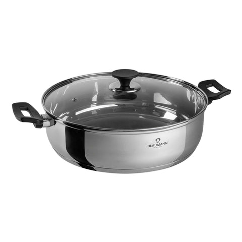 Product image of Shallow pot with lid 30cm. Part of the Blaumann/Gourmet Line . Features: • Shallow pot with glass lid, pp knob and handles • Material: stainless steel • Size: Ø30*9 cm • Volume: 5,8 l. (Studio view). Official Berlinger Haus product, boosted by Promintra sl.