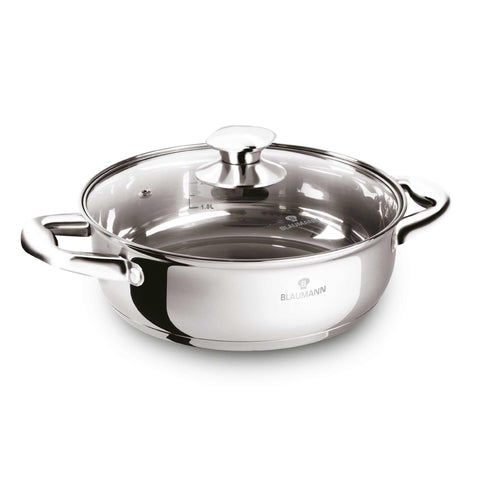 Product image of Shallow pot with lid 22cm. Part of the Blaumann/Gourmet Line . Features: • Shallow pot with glass lid • Material: stainless steel • Size: Ø22*8 cm • Volume: 2,75 l. (Studio view). Official Berlinger Haus product, boosted by Promintra sl.