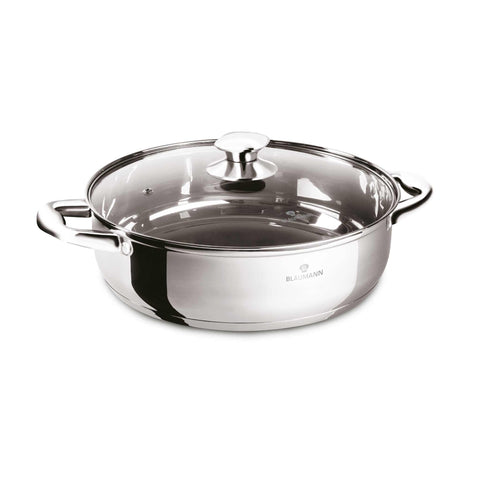 Product image of Shallow pot with lid 24cm. Part of the Blaumann/Gourmet Line . Features: • Shallow pot with glass lid • Material: stainless steel • Size: Ø24*9 cm • Volume: 3,75 l. (Studio view). Official Berlinger Haus product, boosted by Promintra sl.