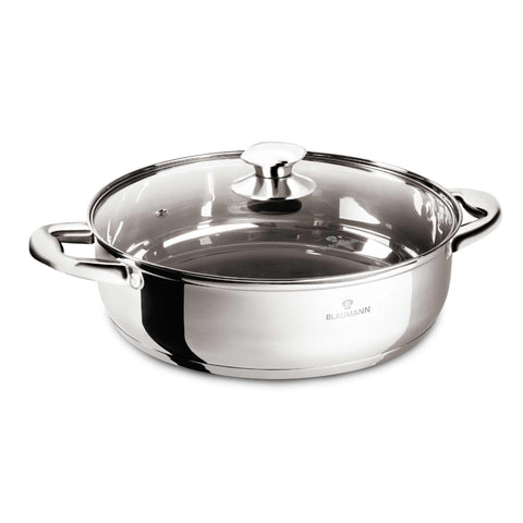 Product image of Shallow pot with lid 28cm. Part of the Blaumann/Gourmet Line . Features: • Shallow pot with glass lid • Material: stainless steel • Size: Ø28*9,5 cm • Volume: 5,3 l. (Studio view). Official Berlinger Haus product, boosted by Promintra sl.
