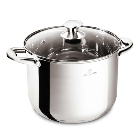 Product image of Stock pot with lid 26cm. Part of the Blaumann/Gourmet Line . Features: • Stock pot with glass lid • Material: stainless steel • Size: 26*19 cm • Volume: 9,5 l. (Studio view). Official Berlinger Haus product, boosted by Promintra sl.