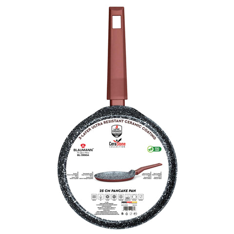 Product image of Pancake pan 25cm. Part of the Blaumann/Cera Stone Collection . Features: • Material: forged aluminum • Pancake pan Ø25*1,8 cm • Color: bronze. (Studio view). Official Berlinger Haus product, boosted by Promintra sl.