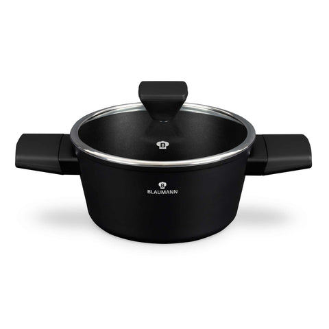 Product image of Casserole with lid 20cm. Part of the Blaumann/Black Silver Collection . Features: • Material: forged aluminum with 3 layer black titan non-stick coating • Casserole with lid Ø20 cm • Color: matt black. (Studio view). Official Berlinger Haus product, boosted by Promintra sl.