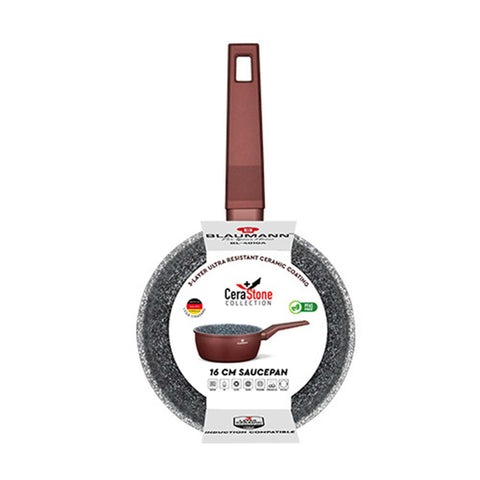 Product image of Sauce pan 16cm. Part of the Blaumann/Cera Stone Collection . Features: • Material: forged aluminum • Sauce pan Ø16*7,4 cm 1,2L • Color: bronze. (Giftbox view). Official Berlinger Haus product, boosted by Promintra sl.