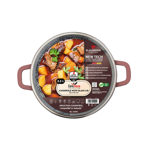 Product image of Casserole with lid 22cm. Part of the Blaumann/Cera Stone Collection . Features: • Material: cast aluminum • Casserole with lid Ø22*10 cm 3,2L • Color: bronze. (Studio view). Official Berlinger Haus product, boosted by Promintra sl.