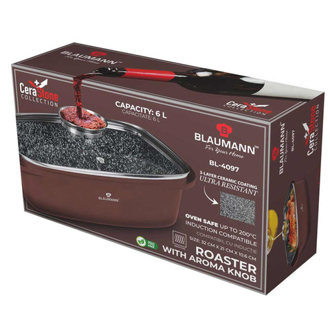 asador, asador con tapa de vidrio, Asador con tapa de vidrio y perilla de aroma, Bakeware, Baking, BL-4097, Blaumann, bronce, Cera Stone Collection, cookwareset, horneado, perilla de aroma, Roasting Pan, utensilios para hornear, Embalaje del producto.