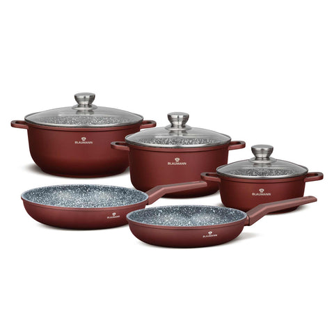 Product image of 8pcs cookware set. Part of the Blaumann/Cera Stone Collection . Features: • Material: cast aluminum • Include: • Frypan Ø24*4,5 cm 1,5L • Frypan Ø28*5 cm 1,5L • Casserole with lid Ø20 cm 2,3L • Casserole with lid Ø24 cm 4.... (Studio view). Official Berlinger Haus product, boosted by Promintra sl.