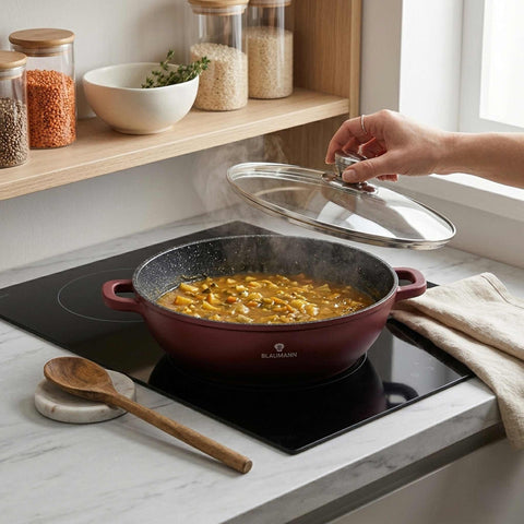 Product image of Shallow pot with lid 28cm. Part of the Blaumann/Cera Stone Collection . Features: • Material: cast aluminum • Shallow pot with lid Ø28*8 cm 4,1L • Color: bronze. (Studio view). Official Berlinger Haus product, boosted by Promintra sl.