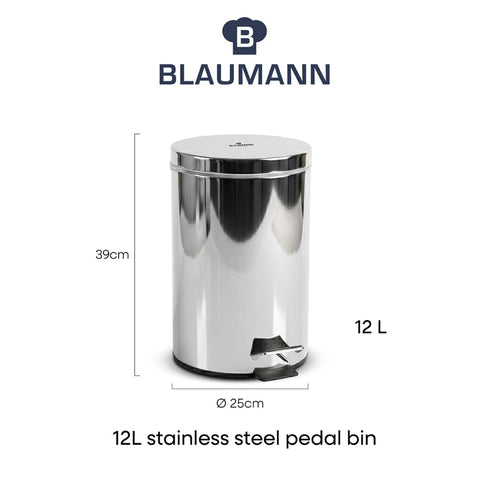 Product image of Stainless steel pedal bin 12L. Part of the Blaumann/Accessories . Features: • Material: stainless steel, plastic • Size: 25*25*39 cm, 12 L • 1 pc inner bucket • Color: stainless steel. (Studio view). Official Berlinger Haus product, boosted by Promintra sl.