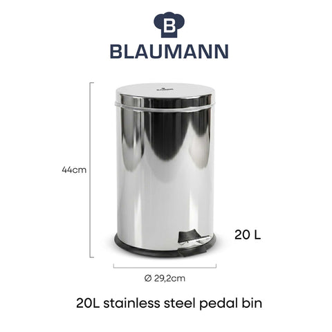 Product image of Stainless steel pedal bin 20L. Part of the Blaumann/Accessories . Features: • Material: stainless steel, plastic • Size: 29,2*29,2*44 cm, 20 L • 1 pc inner bucket • Color: stainless steel. (Studio view). Official Berlinger Haus product, boosted by Promintra sl.