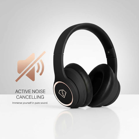 Product image of ANC wireless headphone. Part of the MATTE BLACK- ROSE GOLD . Features: • Speaker: 40 mm • Impedance: 32 ohms • Sensitivity: 105dB (+/-5dB) • Frequency range: 20-20 kHz • Bluetooth version and range: 5.3 (10 meters) • B.... (Studio view). Official Berlinger Haus product, boosted by Promintra sl.