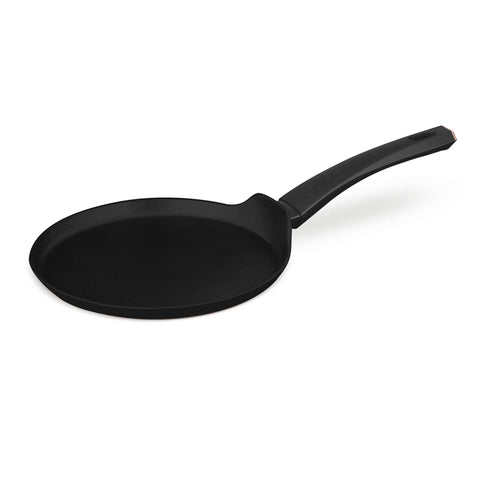 Product image of Pancake pan 25cm. Part of the MATTE BLACK- ROSE GOLD . Features: • Material: forged aluminum with non-stick titanPro coating • Pancake pan Ø25*1,5 cm • Color: matt black- rose gold. (Studio view). Official Berlinger Haus product, boosted by Promintra sl.