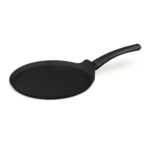 Product image of Pancake pan 28cm. Part of the MATTE BLACK- ROSE GOLD . Features: • Material: forged aluminum with non-stick titanPro coating • Pancake pan Ø28 cm • Color: matt black- rose gold. (Studio view). Official Berlinger Haus product, boosted by Promintra sl.