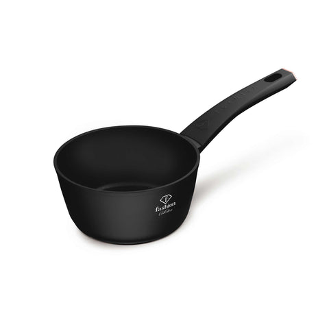 Product image of Sauce pan 16cm. Part of the MATTE BLACK- ROSE GOLD . Features: • Material: forged aluminum with non-stick titanPro coating • Sauce pan Ø16*7 cm 1,2L • Color: matt black- rose gold. (Studio view). Official Berlinger Haus product, boosted by Promintra sl.