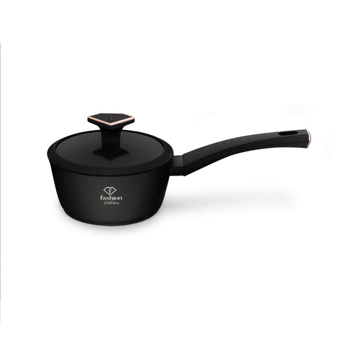 Product image of Sauce pan with lid 16cm. Part of the MATTE BLACK- ROSE GOLD . Features: • Material: forged aluminum with non-stick titanPro coating • Sauce pan Ø16*7 cm 1,2L • Color: matt black- rose gold. (Studio view). Official Berlinger Haus product, boosted by Promintra sl.
