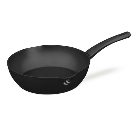 Product image of Deep frypan with 2mouth 28cm. Part of the MATTE BLACK- ROSE GOLD . Features: • Material: forged aluminum with non-stick titanPro coating • Deep frypan Ø28*7,5 cm 3,8L • Color: matt black- rose gold. (Studio view). Official Berlinger Haus product, boosted by Promintra sl.