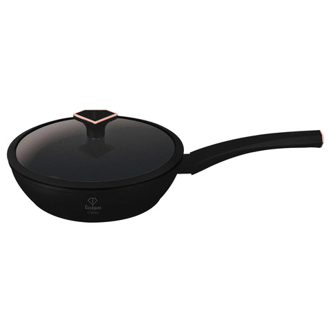 Product image of Deep frypan with lid 24cm. Part of the MATTE BLACK- ROSE GOLD . Features: • Material: forged aluminum with non-stick titanPro coating • Deep frypan with lid Ø24*6,5 cm 2,3L • Color: matt black- rose gold. (Studio view). Official Berlinger Haus product, boosted by Promintra sl.