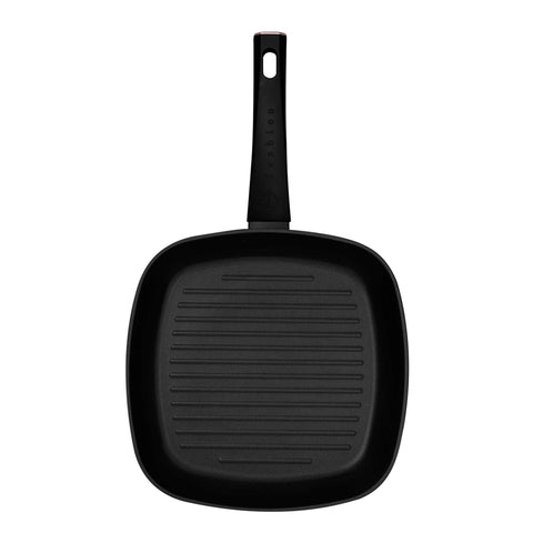 Product image of Grill pan 28cm. Part of the MATTE BLACK- ROSE GOLD . Features: • Material: forged aluminum with non-stick titanPro coating • Grill pan Ø28*4,1 cm 2,1L • Color: matt black- rose gold. (Studio view). Official Berlinger Haus product, boosted by Promintra sl.