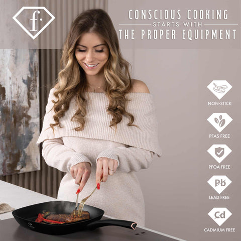 Product image of Grill pan 28cm. Part of the MATTE BLACK- ROSE GOLD . Features: • Material: forged aluminum with non-stick titanPro coating • Grill pan Ø28*4,1 cm 2,1L • Color: matt black- rose gold. (Studio view). Official Berlinger Haus product, boosted by Promintra sl.