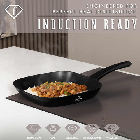 Product image of Grill pan 28cm. Part of the MATTE BLACK- ROSE GOLD . Features: • Material: forged aluminum with non-stick titanPro coating • Grill pan Ø28*4,1 cm 2,1L • Color: matt black- rose gold. (Studio view). Official Berlinger Haus product, boosted by Promintra sl.