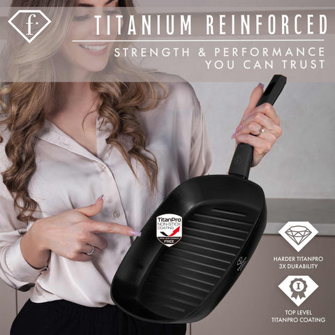 Product image of Grill pan 28cm. Part of the MATTE BLACK- ROSE GOLD . Features: • Material: forged aluminum with non-stick titanPro coating • Grill pan Ø28*4,1 cm 2,1L • Color: matt black- rose gold. (Studio view). Official Berlinger Haus product, boosted by Promintra sl.