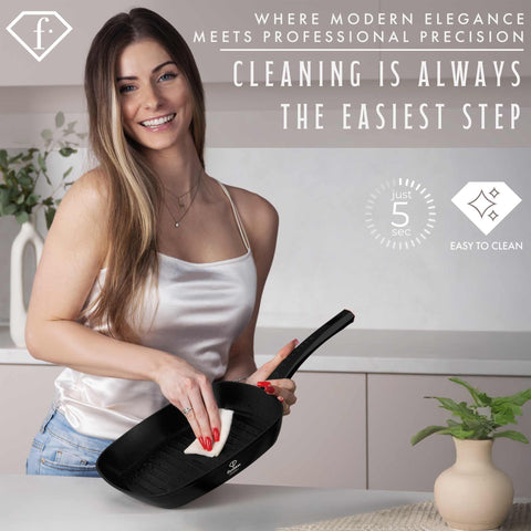 Product image of Grill pan 28cm. Part of the MATTE BLACK- ROSE GOLD . Features: • Material: forged aluminum with non-stick titanPro coating • Grill pan Ø28*4,1 cm 2,1L • Color: matt black- rose gold. (Studio view). Official Berlinger Haus product, boosted by Promintra sl.