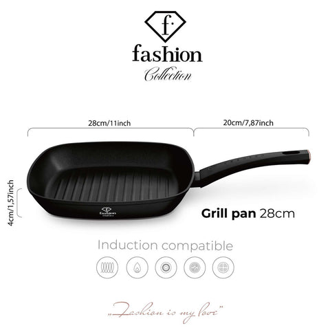 Product image of Grill pan 28cm. Part of the MATTE BLACK- ROSE GOLD . Features: • Material: forged aluminum with non-stick titanPro coating • Grill pan Ø28*4,1 cm 2,1L • Color: matt black- rose gold. (Studio view). Official Berlinger Haus product, boosted by Promintra sl.