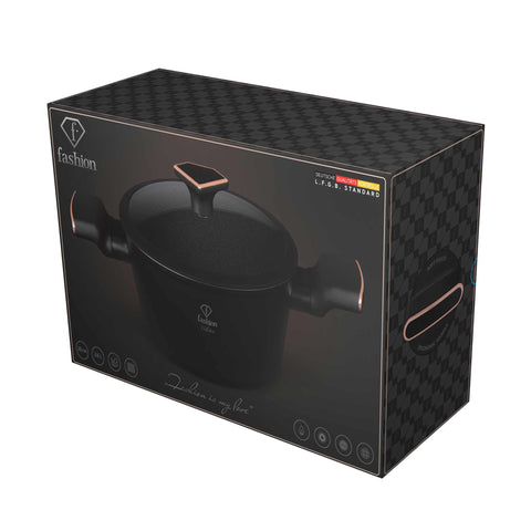 Product image of Casserole with lid 20cm. Part of the MATTE BLACK- ROSE GOLD . Features: • Material: forged aluminum with non-stick titanPro coating • Casserole with lid Ø20*10,4 cm 2,5L • Color: matt black- rose gold. (Studio view). Official Berlinger Haus product, boosted by Promintra sl.