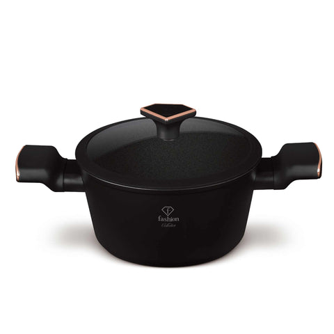 Product image of Casserole with lid 20cm. Part of the MATTE BLACK- ROSE GOLD . Features: • Material: forged aluminum with non-stick titanPro coating • Casserole with lid Ø20*10,4 cm 2,5L • Color: matt black- rose gold. (Studio view). Official Berlinger Haus product, boosted by Promintra sl.
