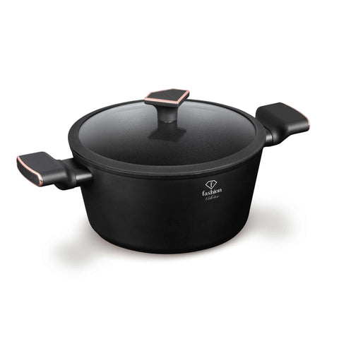 Product image of Casserole with lid 24cm. Part of the MATTE BLACK- ROSE GOLD . Features: • Material: forged aluminum with non-stick titanPro coating • Casserole with lid Ø24*11,8 cm 4,1L • Color: matt black- rose gold. (Studio view). Official Berlinger Haus product, boosted by Promintra sl.