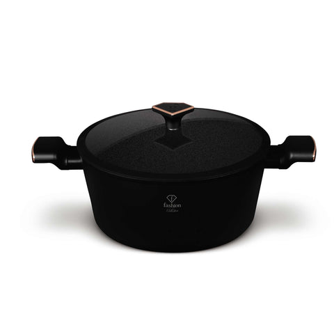 Product image of Casserole with lid 28cm. Part of the MATTE BLACK- ROSE GOLD . Features: • Material: forged aluminum with non-stick titanPro coating • Casserole with lid Ø28*12,4 cm 6,1L • Color: matt black- rose gold. (Studio view). Official Berlinger Haus product, boosted by Promintra sl.