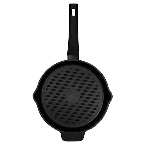 Product image of Round grill pan with 2mouth 26cm. Part of the MATTE BLACK- ROSE GOLD . Features: • Material: forged aluminum with non-stick titanPro coating • Grill pan Ø26 cm • Color: matt black- rose gold. (Studio view). Official Berlinger Haus product, boosted by Promintra sl.