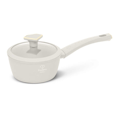 Product image of Sauce pan with lid 16cm. Part of the MATTE CREAM- GOLD . Features: • Material: forged aluminum with non-stick titanPro coating • Sauce pan Ø16*7 cm 1,2L • Color: matt cream- gold. (Studio view). Official Berlinger Haus product, boosted by Promintra sl.