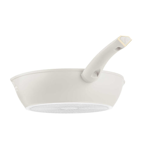 Product image of Deep frypan with 2mouth 28cm. Part of the MATTE CREAM- GOLD . Features: • Material: forged aluminum with non-stick titanPro coating • Deep frypan Ø28*7,5 cm 3,8L • Color: matt cream- gold. (Studio view). Official Berlinger Haus product, boosted by Promintra sl.