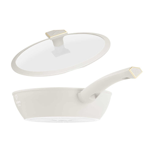 Product image of Deep frypan with lid 24cm. Part of the MATTE CREAM- GOLD . Features: • Material: forged aluminum with non-stick titanPro coating • Deep frypan with lid Ø24*6,5 cm 2,3L • Color: matt cream- gold. (Studio view). Official Berlinger Haus product, boosted by Promintra sl.