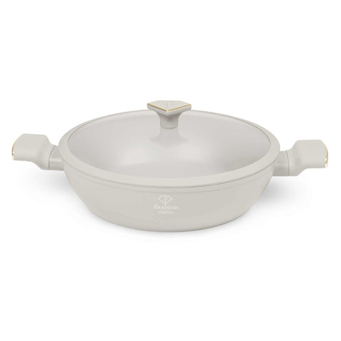 Product image of Shallow pot with lid 30cm. Part of the MATTE CREAM- GOLD . Features: • Material: forged aluminum with non-stick titanPro coating • Shallow pot with lid Ø30*8 cm 4,5L • Color: matt cream- gold. (Studio view). Official Berlinger Haus product, boosted by Promintra sl.